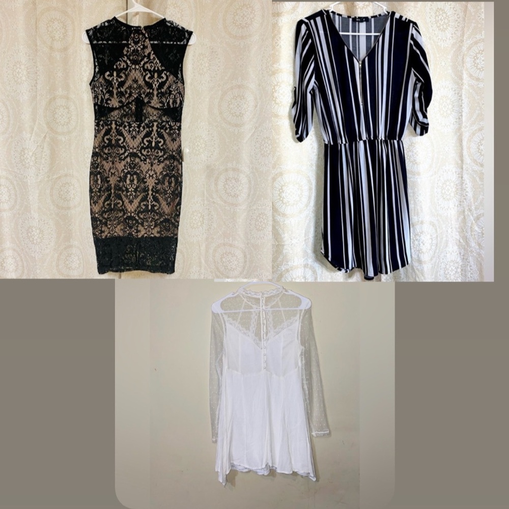 Black Nude‎ Lace, Black & white striped, White embroidered trim Dress